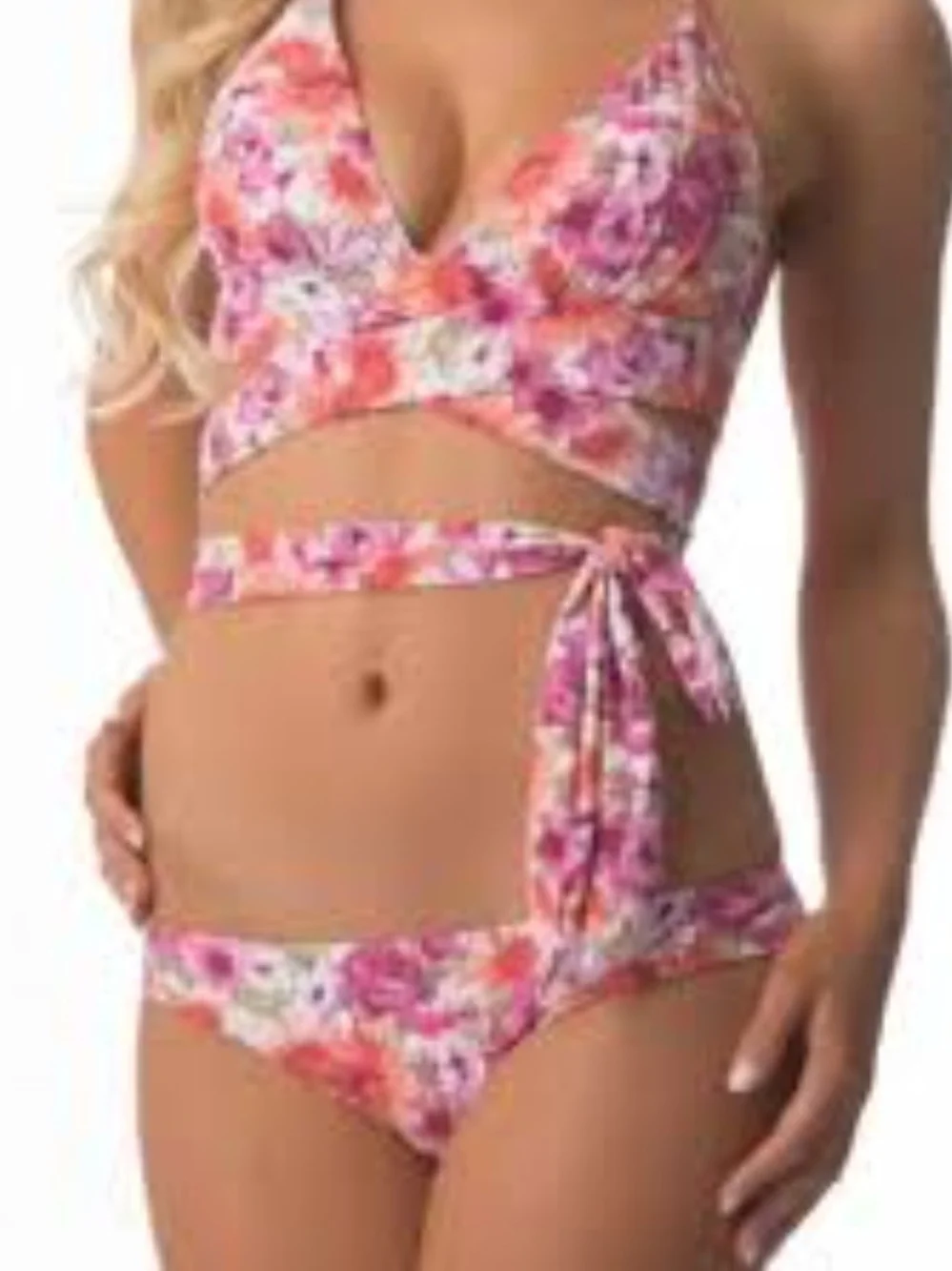 NWT BEACH JOY Floral Wrap-Around Bikini Set - Pink Multi Top M, Bottom S